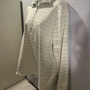 Chico's Striped Half-Zip Long Sleeve Pullover in White, Lime & Gray